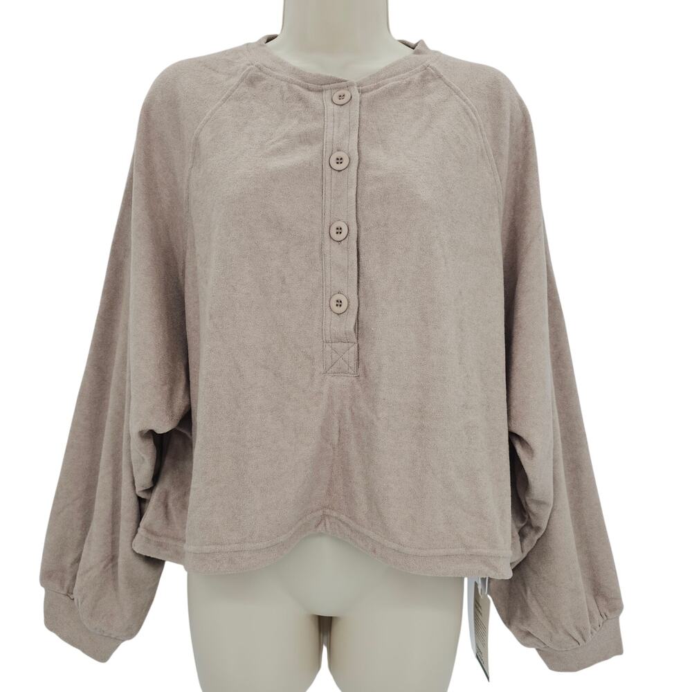 Halara Womans size M Fleece Long Sleeve Henley Drawstring Crop Shirt Brown NEW
